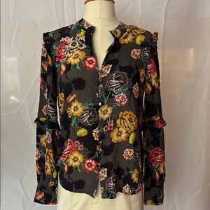 Anthropologie - Vineet Bahl Red and Yellow Ruffled Blouse with Mandarin Collar